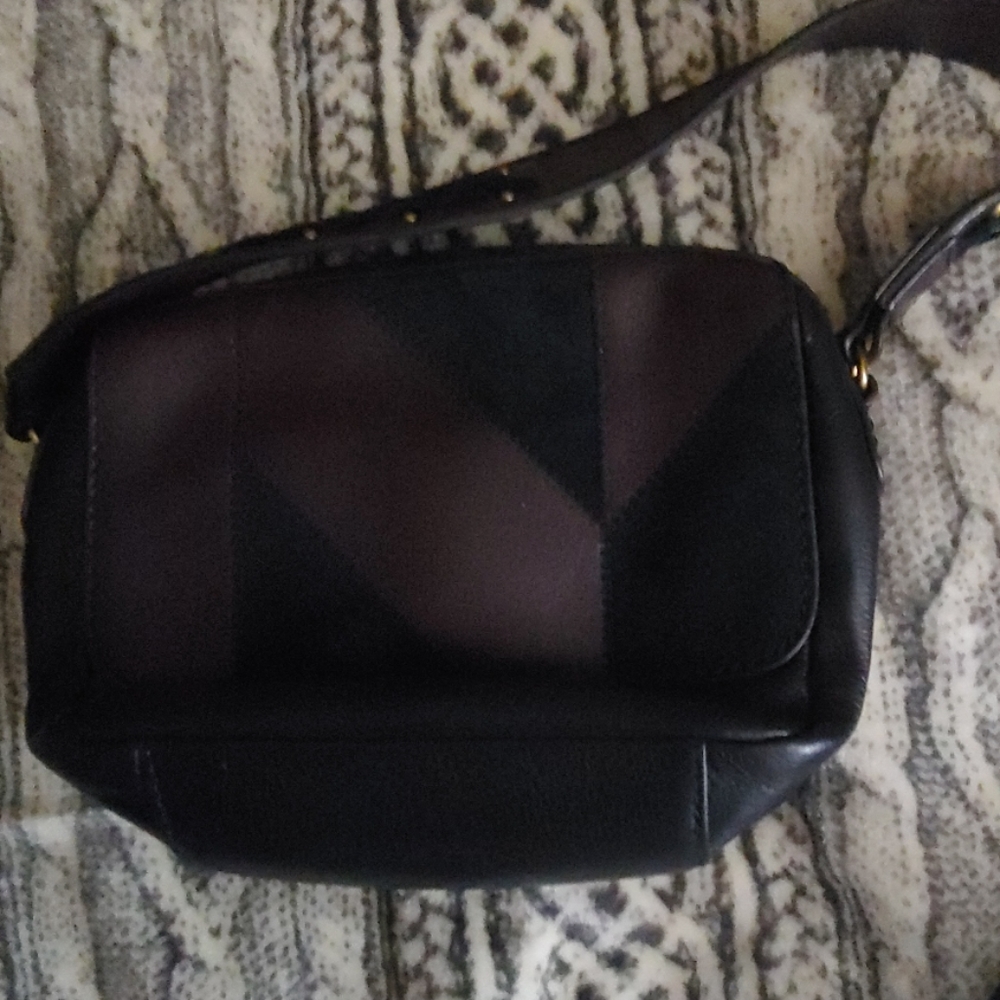 Fossil crossbody bag black burgundy leather suede